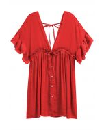 Deep V-Neck Flounce Sleeve Buttoned Cover-Up in Red