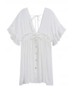 Deep V-Neck Flounce Sleeve Buttoned Cover-Up in White