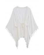 Tassel Batwing Sleeve Waist Tie Cover-Up Dress in White