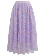 Floral Leaf Embroidered Mesh Tulle Midi Skirt in Lilac