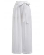 Bow Tie Sash Pleated Wide-Leg Pants in White