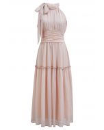 Solid Color Bowknot Halter Neck Ruffle Midi Dress in Light Pink