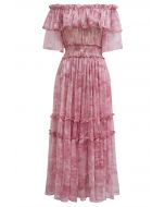 Summer Days Floral Off-Shoulder Ruffle Tiers Chiffon Dress in Pink