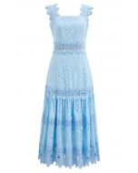 Leaves Eyelet Embroidered Lace Trim Cami Dress in Blue