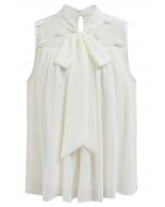 Pearly Petal Bowknot Chiffon Sleeveless Top in Cream