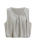 Mesh Inserted Linen-Blend Sleeveless Crop Top in Oatmeal