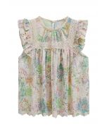 Floral Printed Eyelet Embroidered Sleeveless Dolly Top in Green