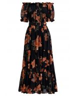 Lily Printed Off-Shoulder Chiffon Midi Dress in Orange