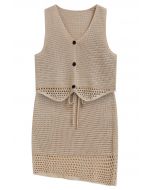 Openwork Crochet Buttoned Vest and Drawstring Skirt Set in Camel