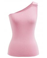 U-Shaped Metal Decor One-Shoulder Knit Top in Pink