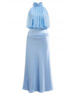 Graceful Halter Neck Chiffon Spliced Satin Dress in Blue