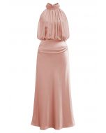 Graceful Halter Neck Chiffon Spliced Satin Dress in Pink