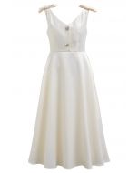 Bow Shoulder Zircon Button Midi Dress in Cream