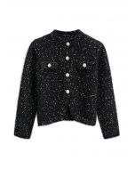 Fuzzy Mix-Knit Button Down Cardigan in Black