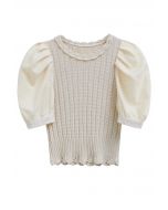 Flock Dot Mesh Sleeve Spliced Knit Top in Oatmeal