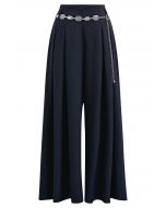 Chain-Embellished Pleated Palazzo Pants in Navy