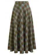 Plaid Charm Flare Midi Skirt in Army Green