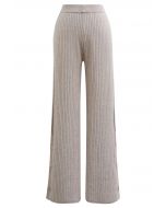 Buttoned Hem Ribbed Knit Pants in Oatmeal