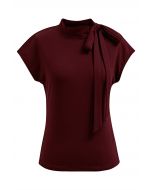 Bow-Tie Embellished Cap Sleeve Top in Burgundy