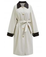 Contrast Faux Leather Trim Button Trench Coat in Ivory