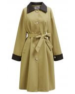 Contrast Faux Leather Trim Button Trench Coat in Mustard