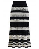 Striped Pointelle Lace Knit Midi Skirt in Black