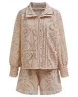 Guipure Lace Buttoned Shirt and Shorts Set in Apricot