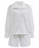 Guipure Lace Buttoned Shirt and Shorts Set in White