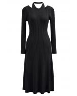 Cutout Neckline Ribbed Knit Midi Dress in Black