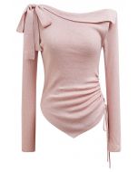 Side Bowknot Decor Drawstring Waist Knit Top in Pink