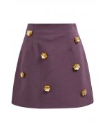 3D Golden Flower Embellished Mini Skirt in Violet