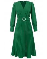 Graceful Pleats Faux-Wrap Belted Midi Dress in Green