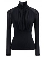 Knotted Mock Neck Cutout Mesh Top in Black