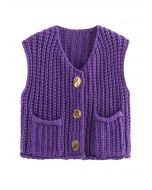 Bold Golden Buttons Patch Pocket Chunky Knit Vest in Purple