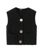 Bold Golden Buttons Patch Pocket Chunky Knit Vest in Black