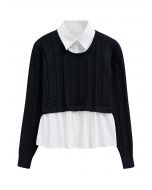 Fake Two-Piece Knit Spliced Collared Shirt in Black