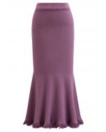 Easy Fringed Mermaid Knit Maxi Skirt in Violet