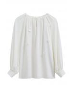 3D Floret Pearly Cutout Puff Sleeve Shirt in White