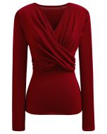 Artful Crisscross V-Neck Long Sleeve Knit Top in Red