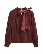 Pearly Organza Bowknot Satin Top in Burgundy