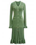 Ruffle Elegance V-Neck Buttoned Openwork Knit Dress in Green