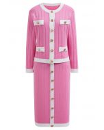 Contrast Trim Golden Button Knit Cardigan and Skirt Set in Candy Pink