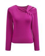 Knotted Shoulder Cutout Long-Sleeve Knit Top in Magenta