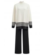 Two-Tone Striped Mock Neck Knit Sweater and Pants Set in Black