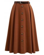 Vintage-Inspired Button Trim Pleated Midi Skirt in Pumpkin