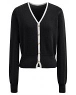 Button Trim Contrast Knit Cardigan in Black