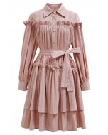 Ruffles Tiered Buttoned Belted Dolly Dress in Pink