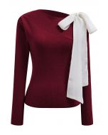 Sheer Tie-Strap One Shoulder Knit Top in Burgundy