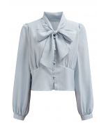 Bowknot Neck Buttoned Crop Shirt in Light Blue