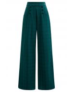 Grid Print Button Decor Straight-Leg Pants in Dark Green